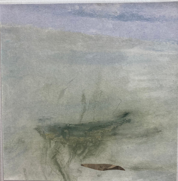 Abstract artwork with a central figure against a textured gray background