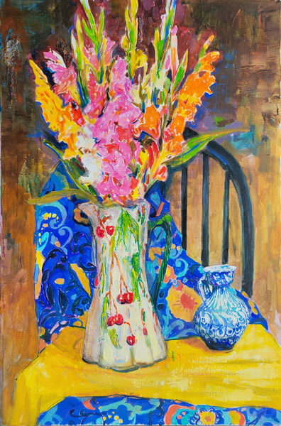 Colorful still life painting with flowers and a vase on a table.