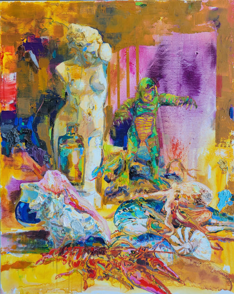 Colorful still life painting with figures and objects on a textured background