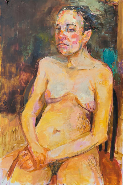 Oil painting of a nude figure seated on a chair with a dark background