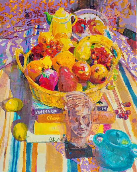 Colorful still life painting with fruits, teapots, and a classical sculpture.