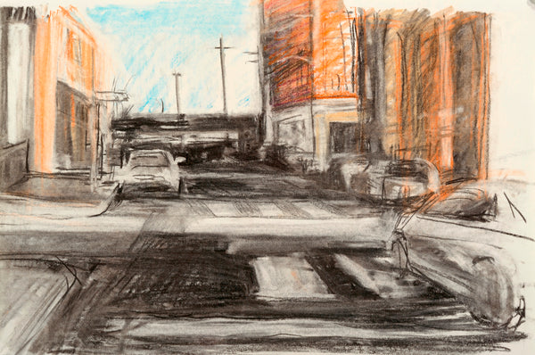 One Way, charcoal and pastel on paper drawing by Cerulean Arts Collective Member Fran Lightman Gibson.