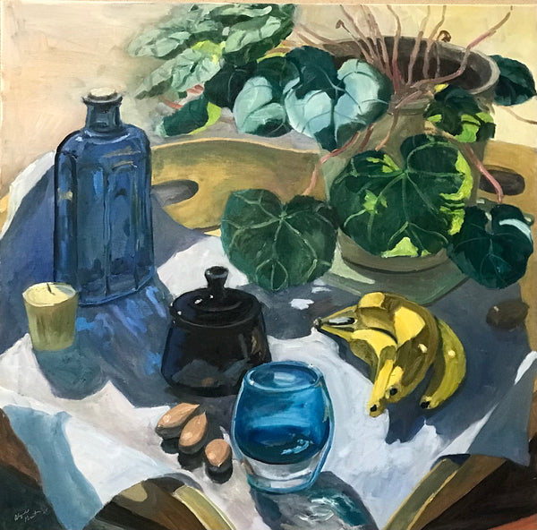 Blue Vessels and Bananas, oil on linen painting by Cerulean Collective member Alyce Grunt, available at Cerulean Arts. Included in her solo exhibition July 2 - 27, 2025.