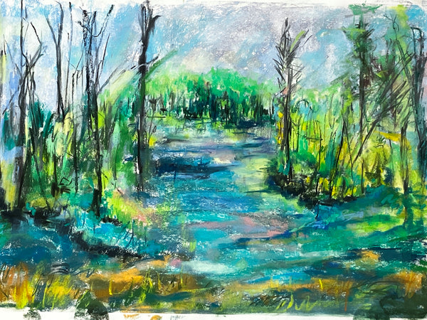 Floating to the Other Side pastel on paper landscape by Cerulean Arts Collective Member Nancy Halbert.