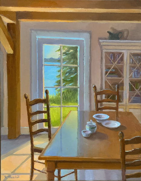 Painting of a dining room with a large window showing a view of greenery outside.