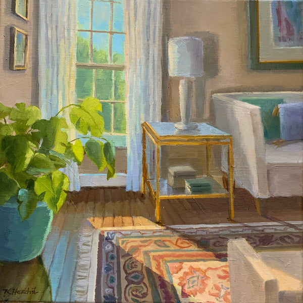Painting of a cozy living room with a couch, table, and plants.
