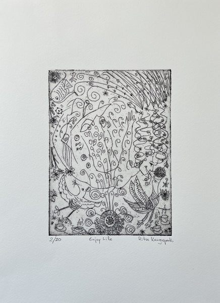 Enjoy Life, etching by Ritva Kangasperko. Included in Cerulean Arts' 13th Annual Juried Exhibition, June 18 - July 20, 2025.