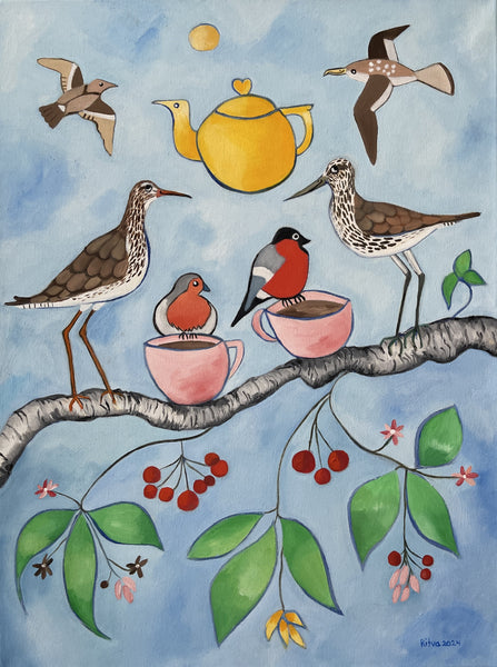 Tea Party High Up in a Tree, oil on linen painting by Cerulean Arts Collective Member Ritva Kangasperko