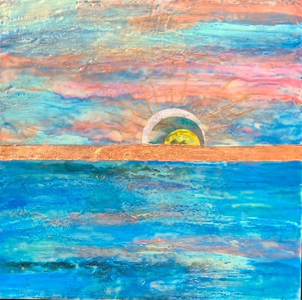 Take a Gentle Moment II, encaustic, oil, artist-painted paper collage and metallic leaf on birch panel painting by Sandra Koberlein. Included in the exhibition Ripples of Impact curated by Cerulean Arts and on view at the Annenberg Center for Medical Education at Lankenau Medical Center May 8 - July 20, 2025.
