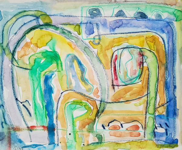 Garden Tour, watercolor & artists crayons on paper abstract painting by Cerulean Arts Collective Member Alan Lankin.  