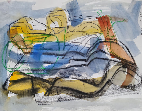 Reclining, pencil, watercolor & artists crayons on paper abstract painting by Cerulean Arts Collective Member Alan Lankin.  