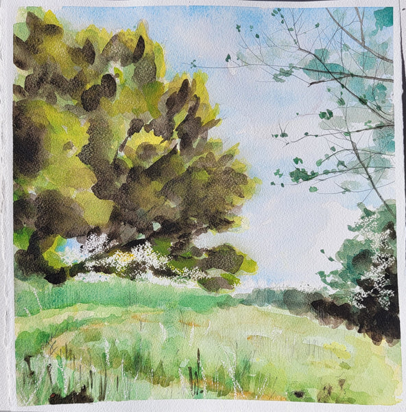Stroud Hillside, watercolor on Arches 140lb cold press paper painting by Cerulean Arts Collective Member Keith Leitner
