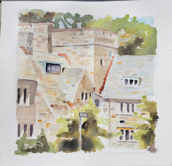 Swarthmore Lodges, watercolor on Arches 140lb cold press paper painting by Cerulean Arts Collective Member Keith Leitner
