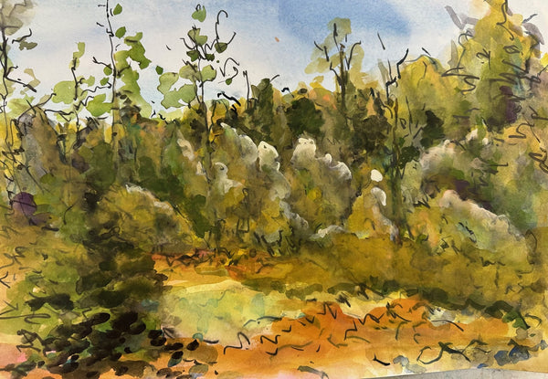 Watercolor painting of a forest landscape with green and brown tones.
