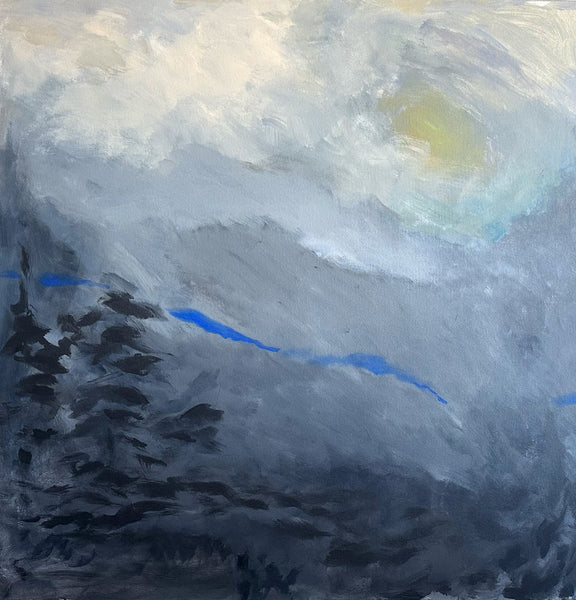 Abstract landscape painting of a big sky in gray and white and touches of blue sky and yellow sun.