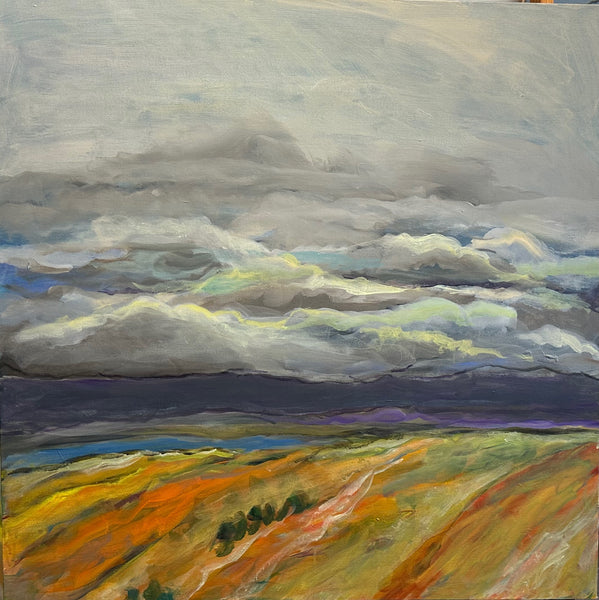 Painting of a landscape with fields and a dramatic sky