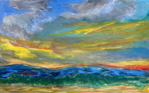 Colorful abstract painting of a sky with blue, yellow, and gray hues.