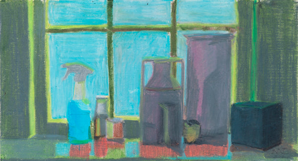 Abstracted still life painting of objects on a window sill.