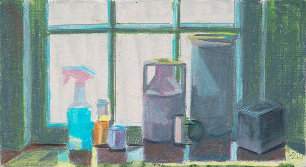 Still life painting of various objects on a reflective surface with a window in the background