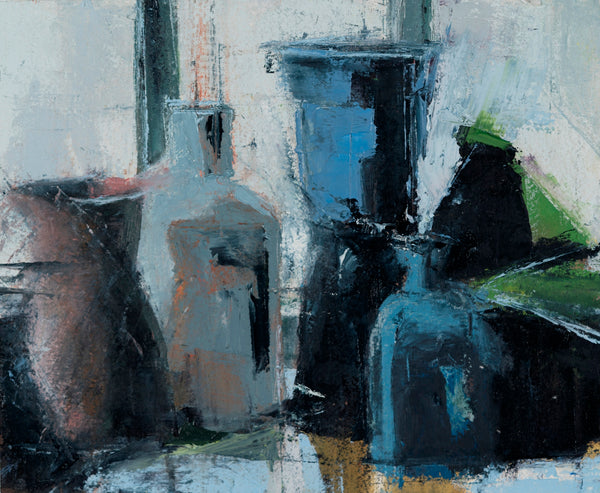 Abstract still life painting with geometric shapes and muted colors