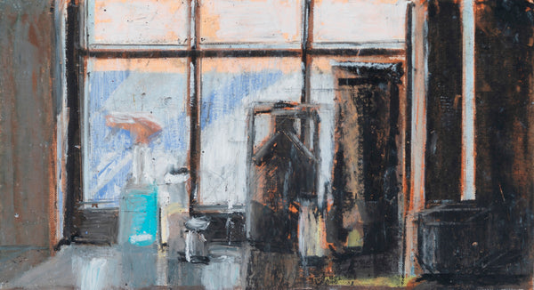 Abstracted still life painting of objects on a window sill.