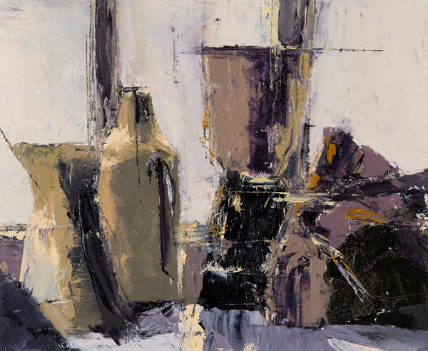 Abstract still life painting with geometric shapes and neutral colors