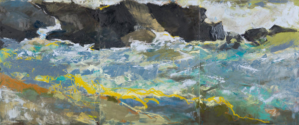 Triptych painting of a coastal scene with waves and cliffs.