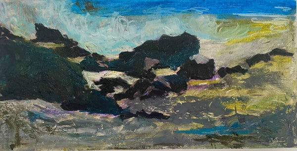 Painting of rocky shoreline with ocean waves
