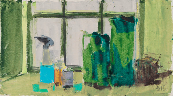 Still life painting of objects on a window sill with green curtains