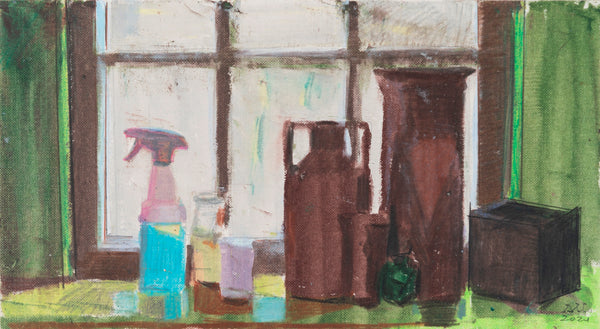 Still life with vases and a spray bottle in front of a window
