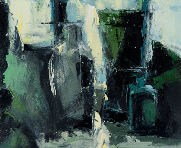 Abstract still life with geometric shapes in black, white, and green.