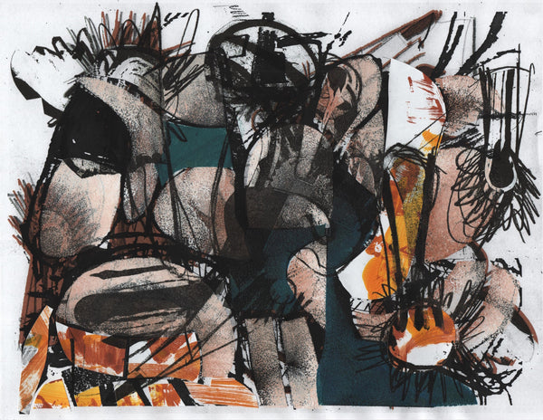 Abstract artwork with bold lines and colors on a white background