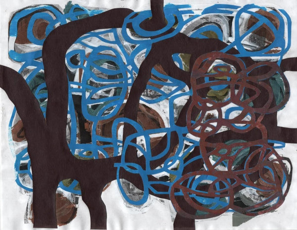 Abstract art piece with interwoven blue and brown patterns on a white background