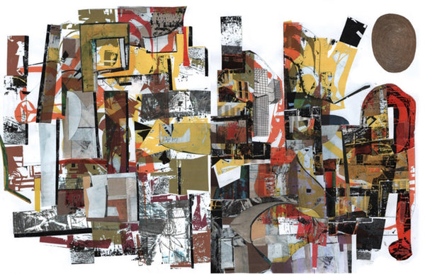 City Viewed as Scene, monotype collage by Michael Long. Included in the exhibition Ripples of Impact curated by Cerulean Arts and on view at the Annenberg Center for Medical Education at Lankenau Medical Center May 8 - July 20, 2025.
