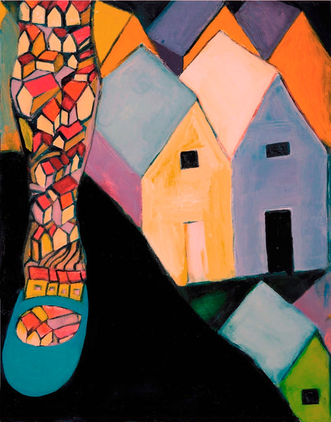 Abstract artwork with colorful houses and patterned shoes on a black background