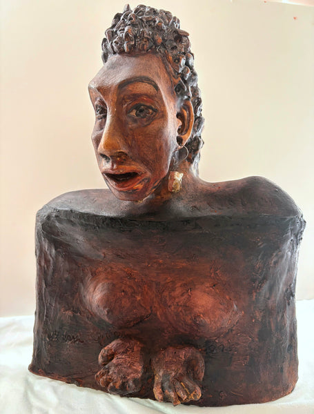 Ceramic sculpture of a human bust with detailed features on a white background