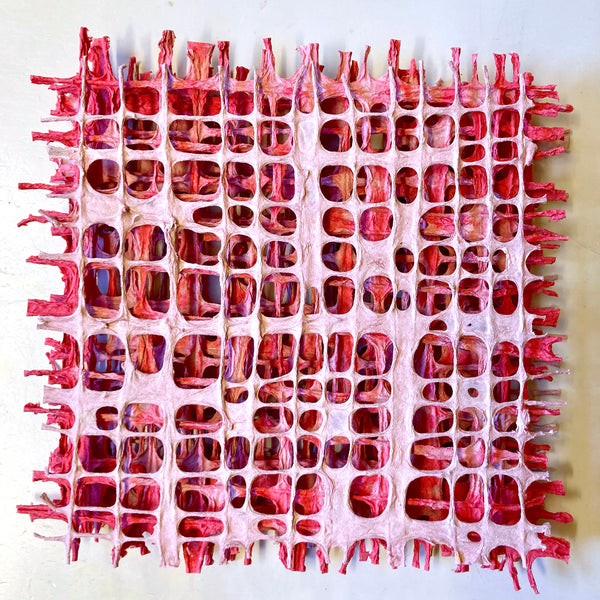 Pink and Rose Matrix, paper pulp, pigment and string sculpture by Cerulean Arts Collective Member Anne Marble.