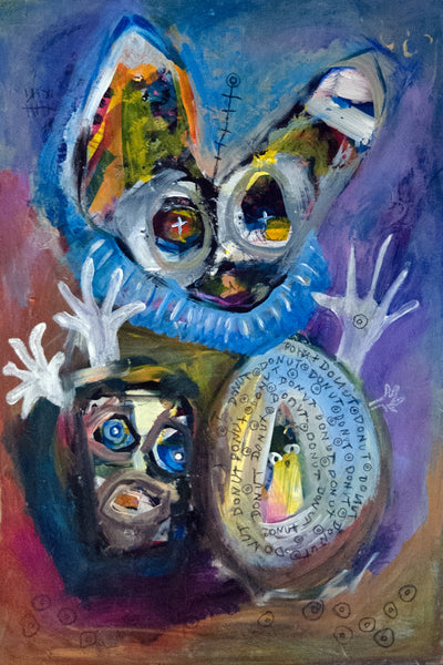 Hands Up for Donuts, acrylic, oil pastel and pencil on cradled plywood by Cerulean Arts Collective member Barbara Martin.