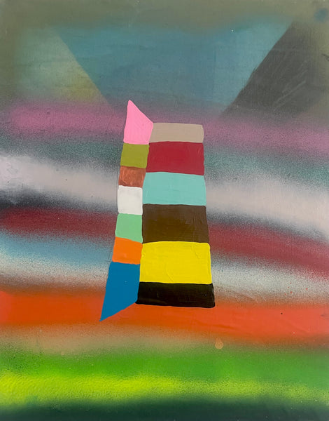 Abstract art piece with a colorful geometric shape on a multicolored background