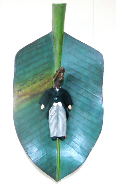 Mr. Alligator on a Leaf, found object assemblage sculpture by Cerulean Arts Collective member Kathleen McSherry