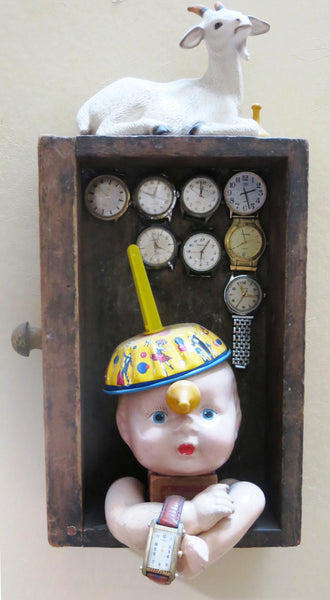 Synchronize Your Watches, found object assemblage sculpture by Cerulean Arts Collective member Kathleen McSherry