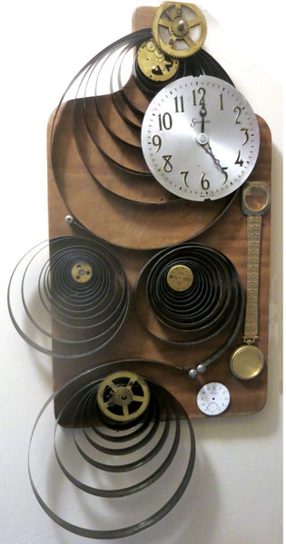 Winding Down Time, found object assemblage sculpture by Cerulean Arts Collective member Kathleen McSherry.