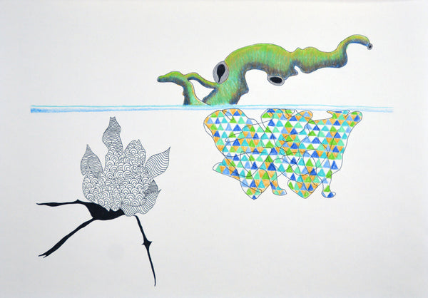Metaphoric Offering 5, ink and color pencil on paper drawing by Cerulean Arts Collective Member Kyoko Miyabe.