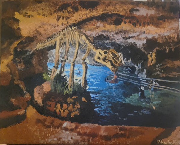 Zipling into the Prehistoric Cave, oil on canvas painting by Phoebe Murer. Included in Cerulean Arts' 13th Annual Juried Exhibition, June 18 - July 20, 2025