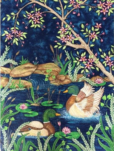 Ducks, gouache on handmade paper painting by Pennsylvania artist Rinal Parikh. Included in the exhibition Fine Feathered Friends at Cerulean Arts March 26 - April 20, 2025.