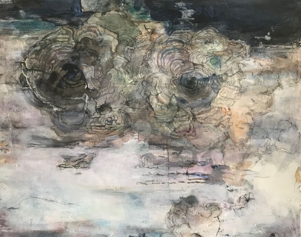 Abstract art piece with swirling colors and textures