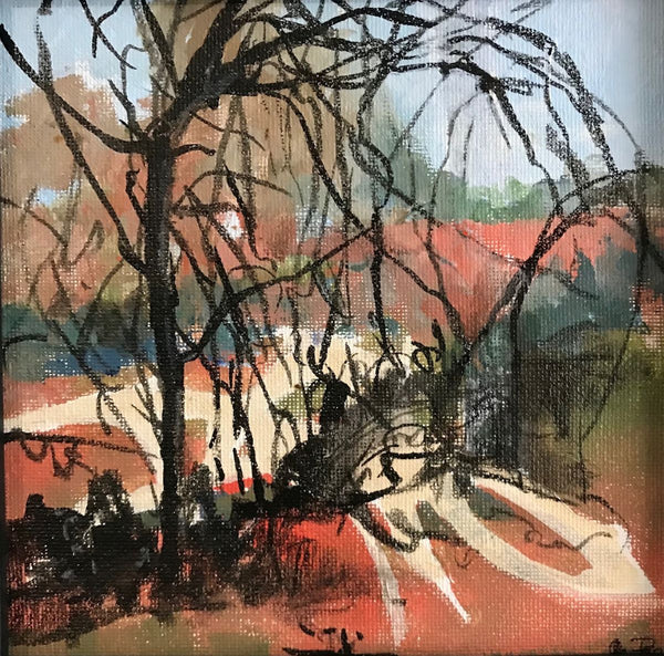 Abstract painting of trees with a colorful background