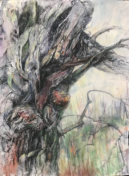 Artistic depiction of a tree with textured bark and branches against a light background