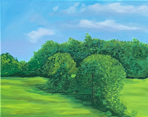 Far Away Woods, August, acrylic on linen landscape painting by Cerulean Arts Collective Member Mary Powers-Holt