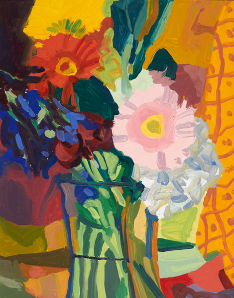 Pink Gerber with Orange Fabric, oil on panel painting by Cerulean Arts Collective Member Liz Price